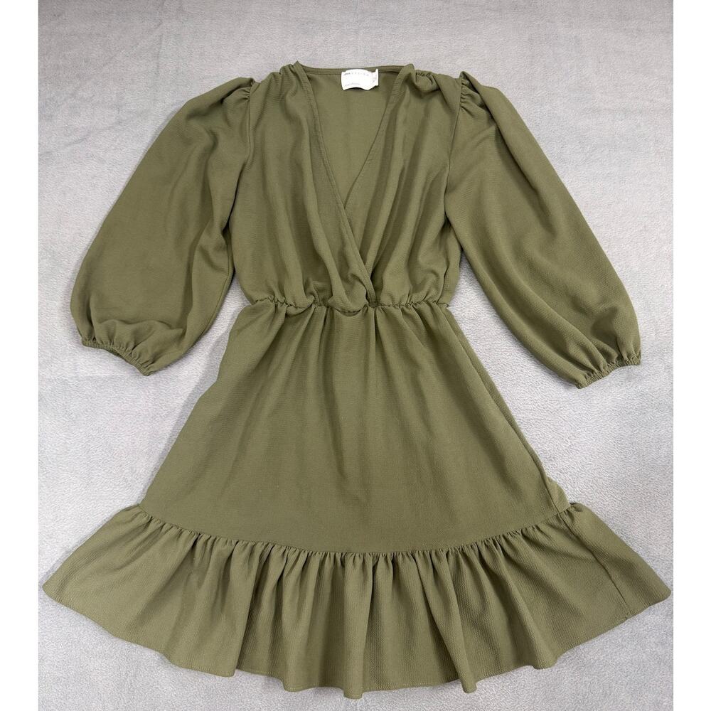 ASOS‎ DESIGN Mini Tea Dress Sz 4 Womans Green Wrap Front Ruffle-hem Puff Sleeves